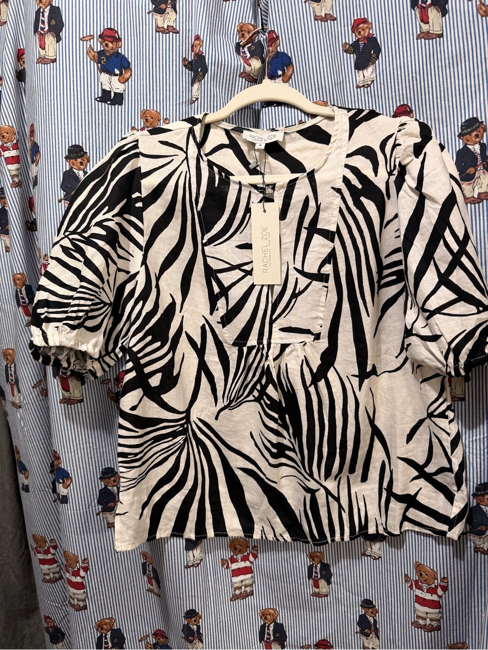 Rachel Zoe Black & White Abstract Puff-Sleeve Top